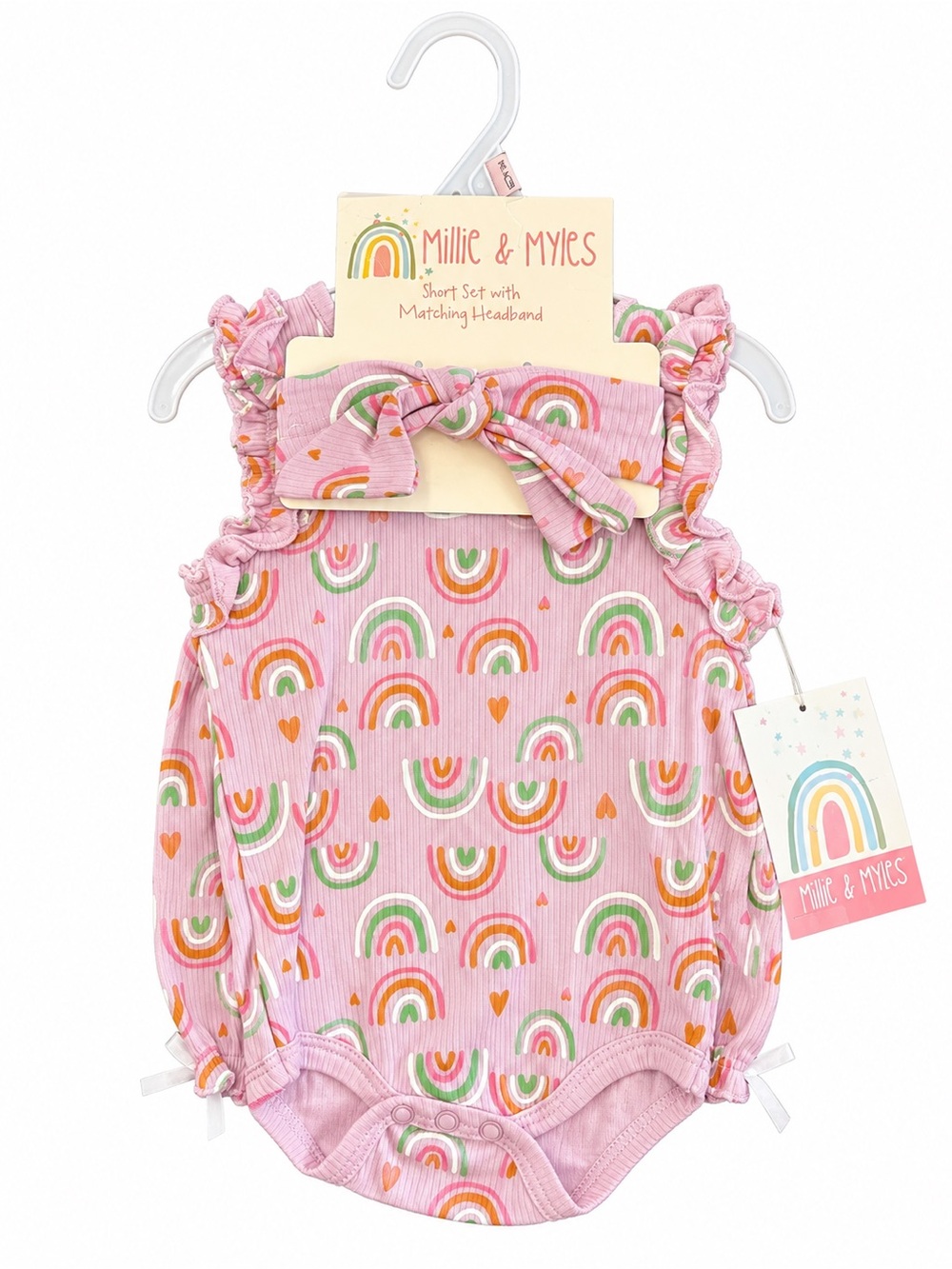 Millie & Myles 3-6M Rainbow Bubble Short Set Headband NWT